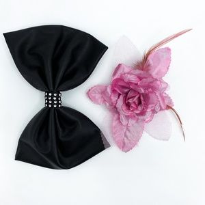 Black Hair Bow & Pink Flower Hair Clip Accessory Bundle (2) for Dance Costume